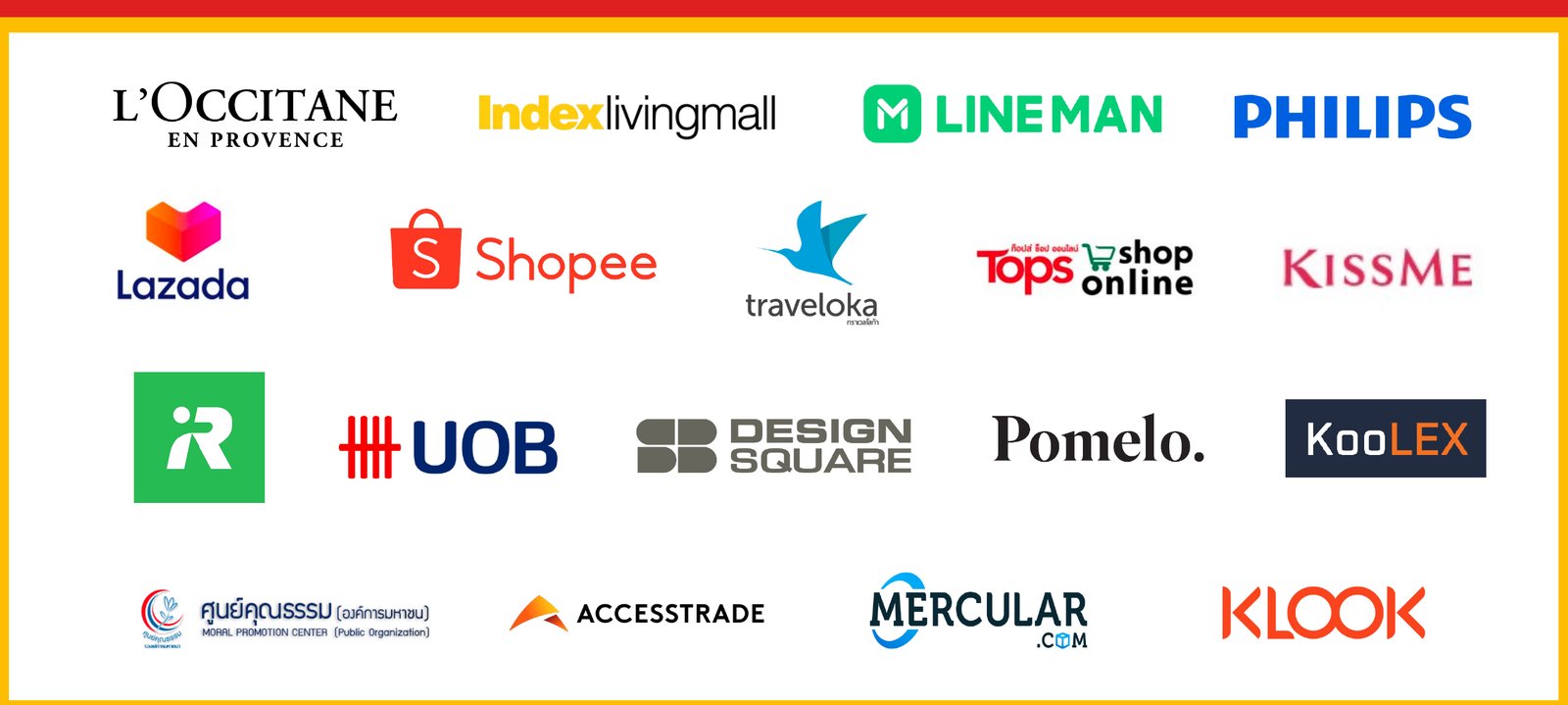 Client logos: L'Occitane, Index Living Mall, LINE MAN, Philips, Lazada, Shopee, Traveloka, Tops Shop Online, KissMe, iR, UOB, Design Square, Pomelo, KooLEX, Moral Promotion Center, AccessTrade, Mercular.com, Klook