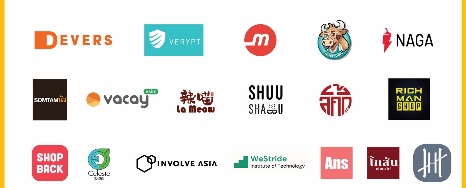 Client logos: DEVERS, Verypt, Bull VPN, NAGA, Somtam Nua, Vacay eSIM, La Meow, Shuu Shabu, Rich Man Shop, ShopBack, Celeste, Involve Asia, WeStride Institute of Technology, Ans, Gosan Yentafo